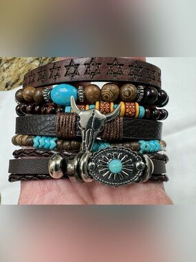 Boho Western Turquoise & Brown Multi-Strand Bracelet Stack